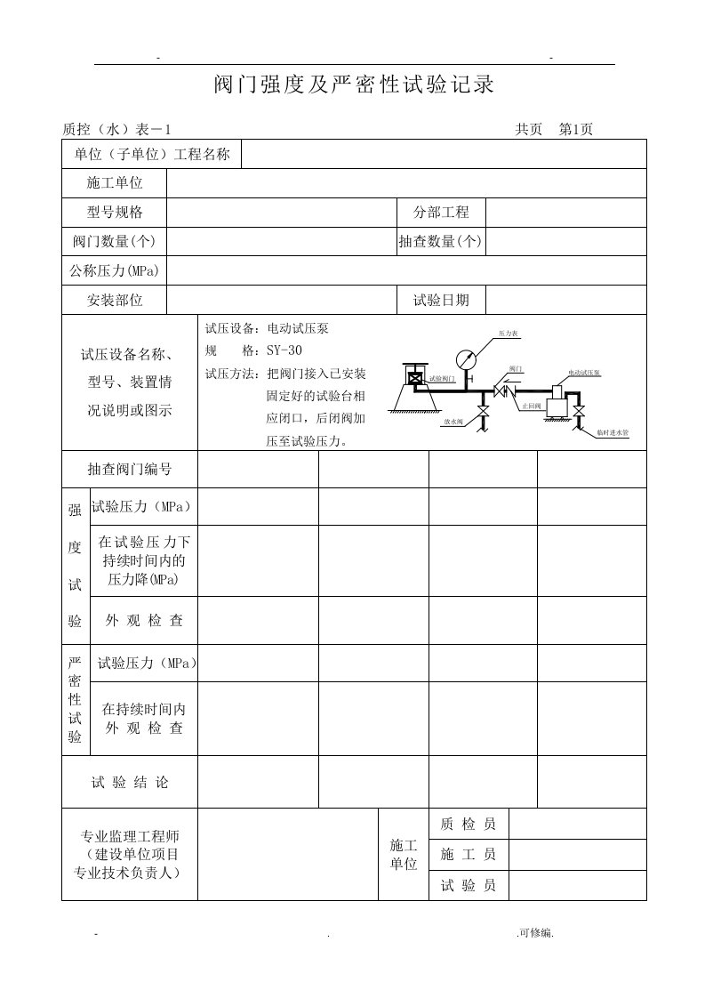 阀门强度及严密性试验记录表格