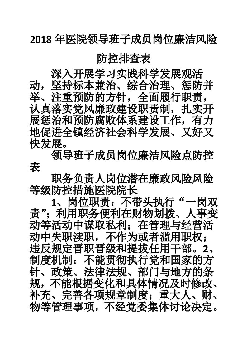 2018年医院领导班子成员岗位廉洁风险防控排查表