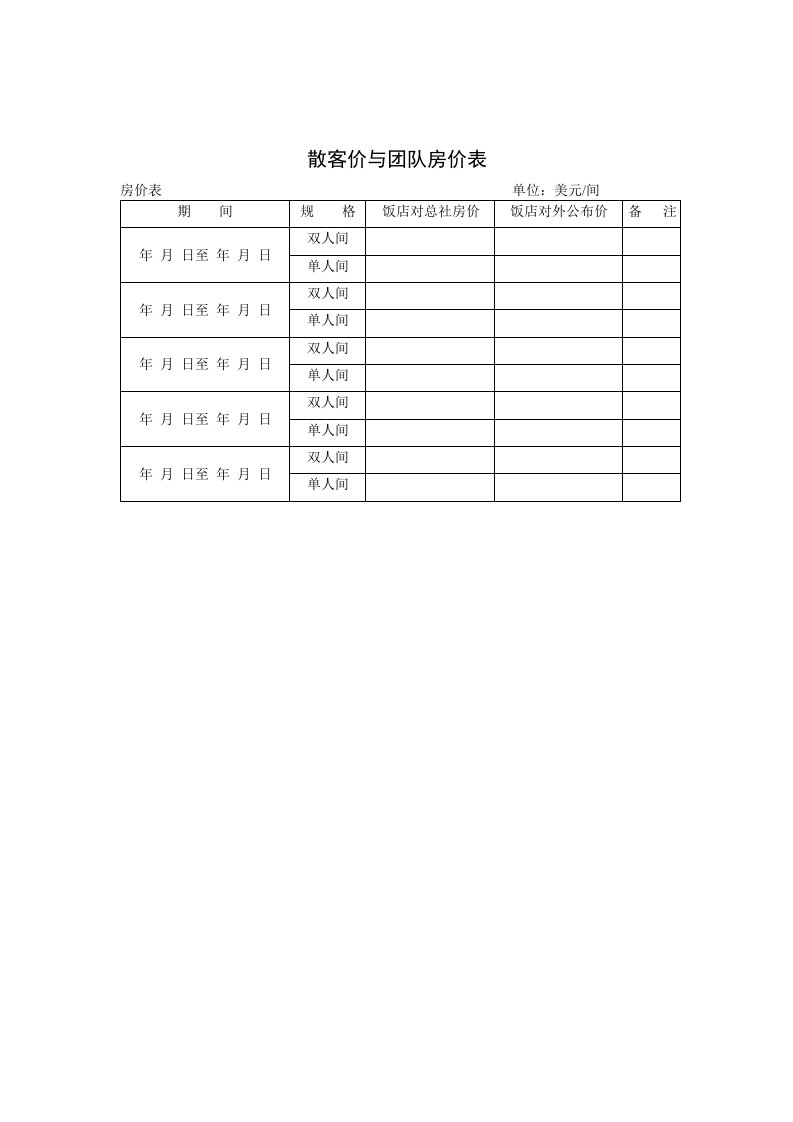 散客价与团队房价表