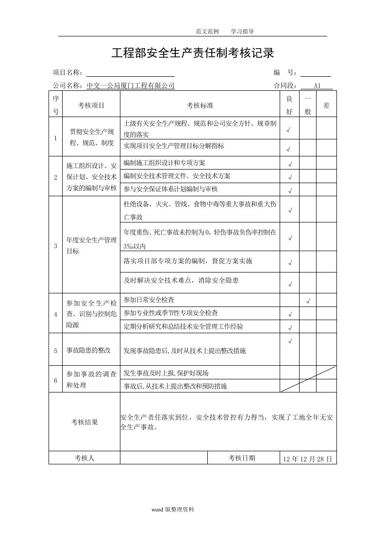 安全生产责任制考核表（全)