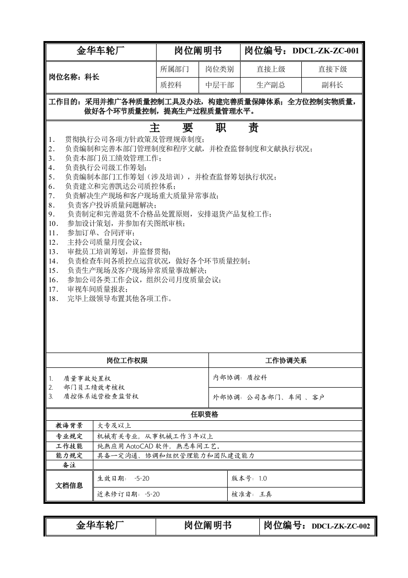 质控科岗位说明书样本