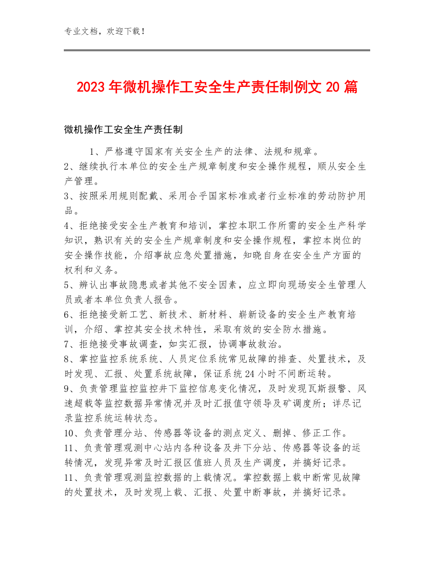 2023年微机操作工安全生产责任制例文20篇