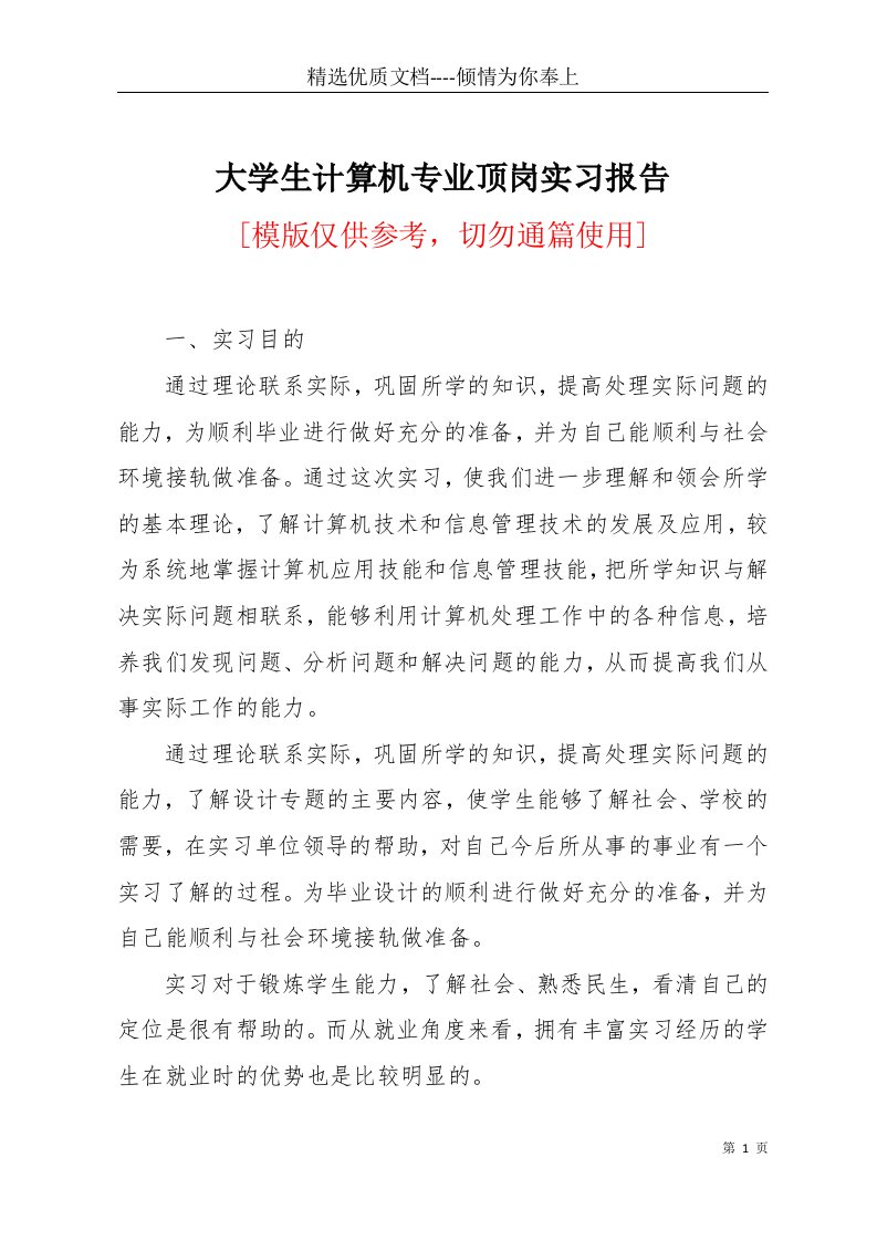 大学生计算机专业顶岗实习报告(共18页)