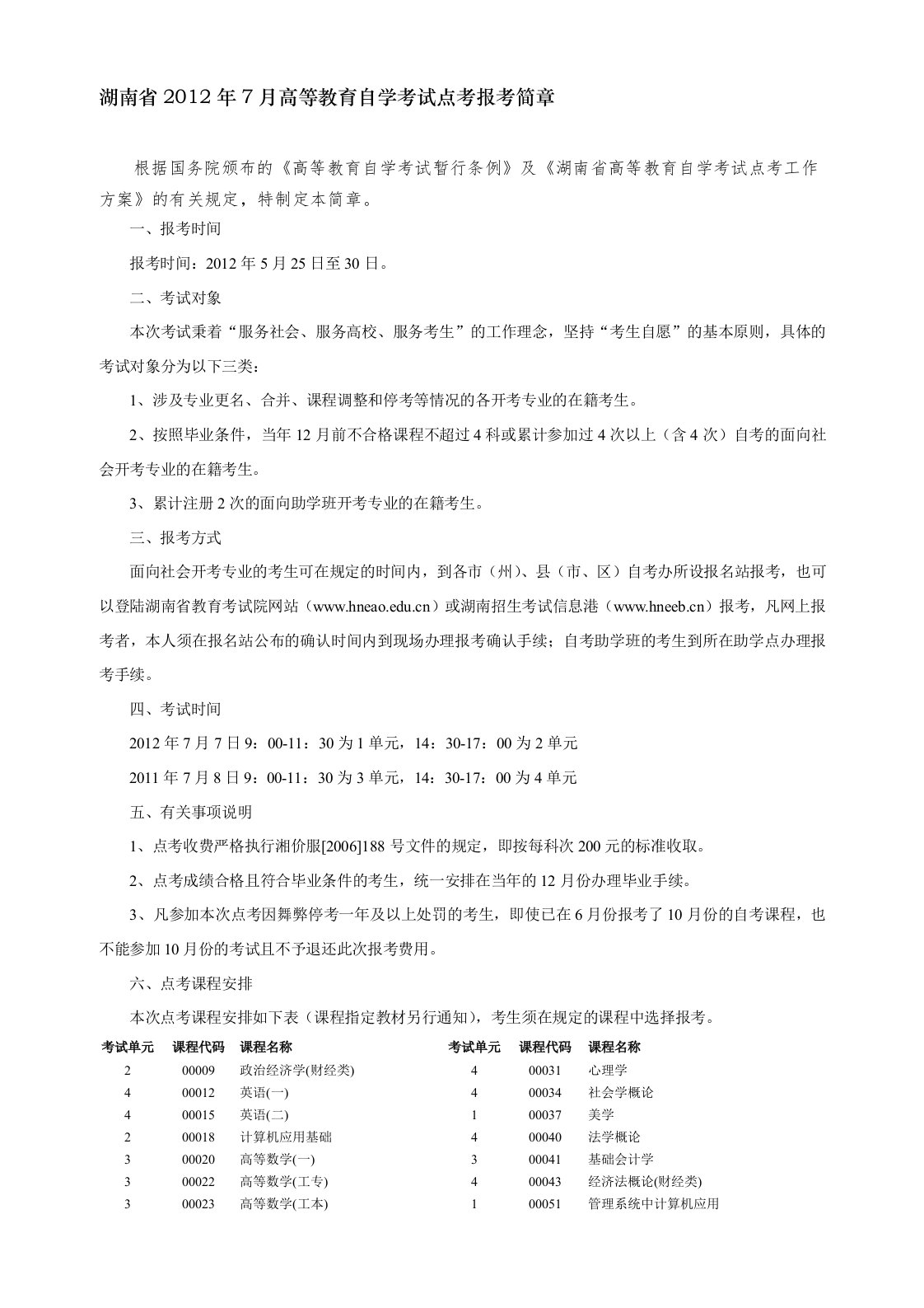 湖南省2012年7月高等教育自学考试点考报考简章