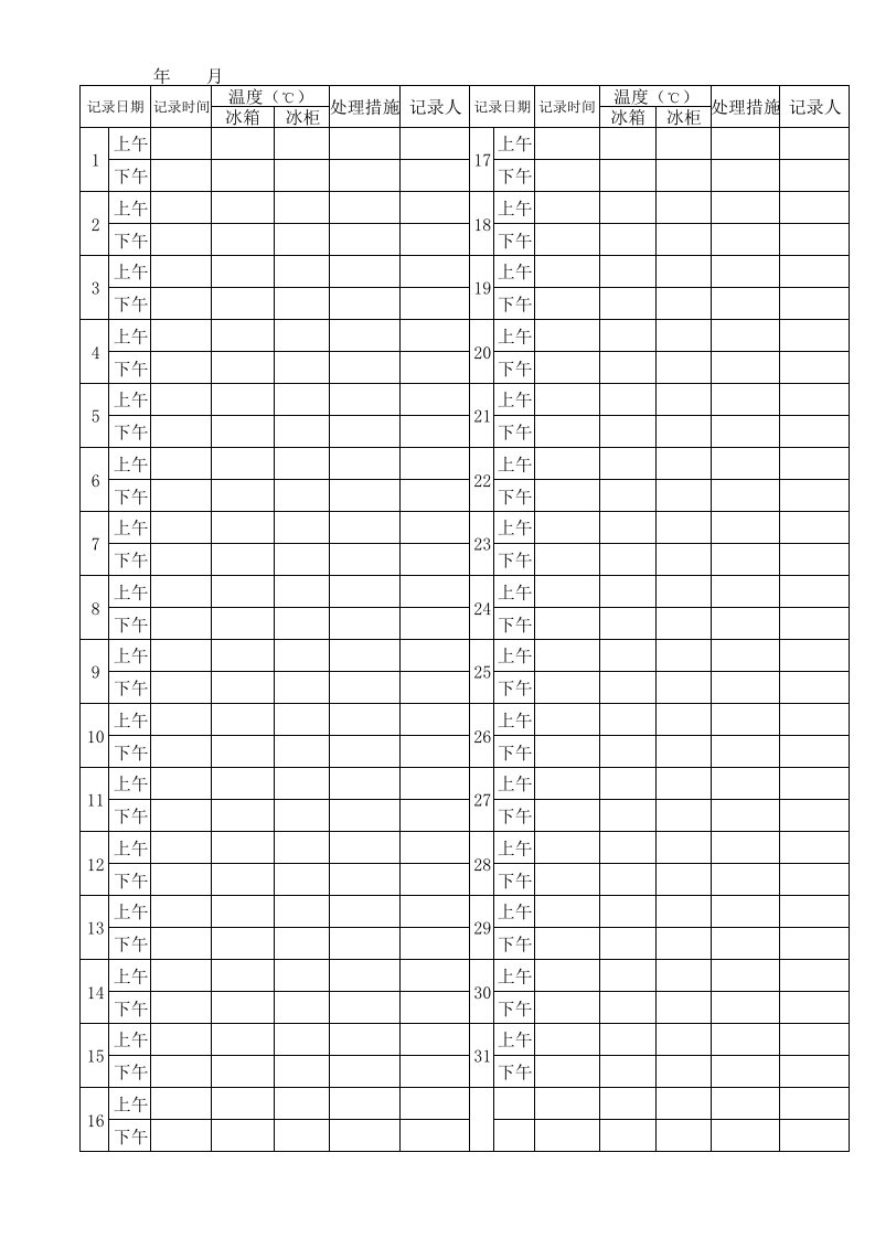 检验科冰箱温度登记表