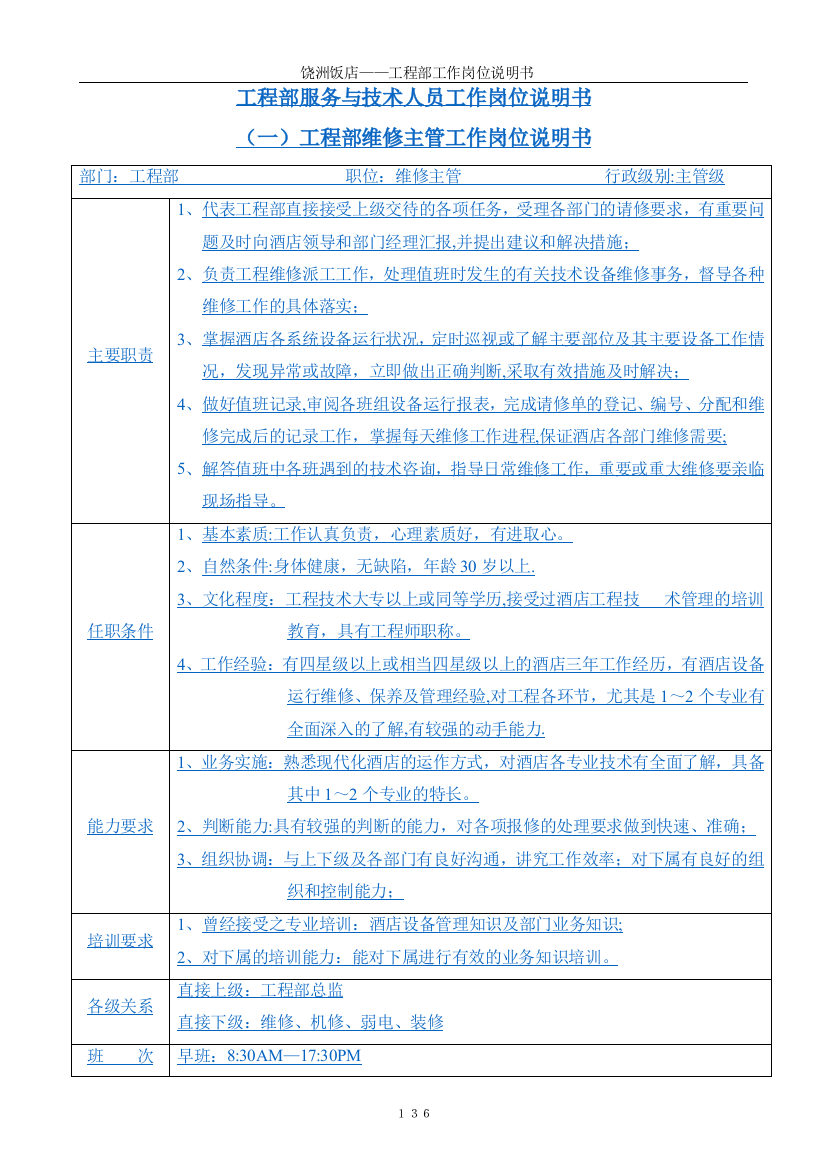 五星级酒店-XX饭店工程部服务与技术人员工作岗位说明书(DOC-12页)