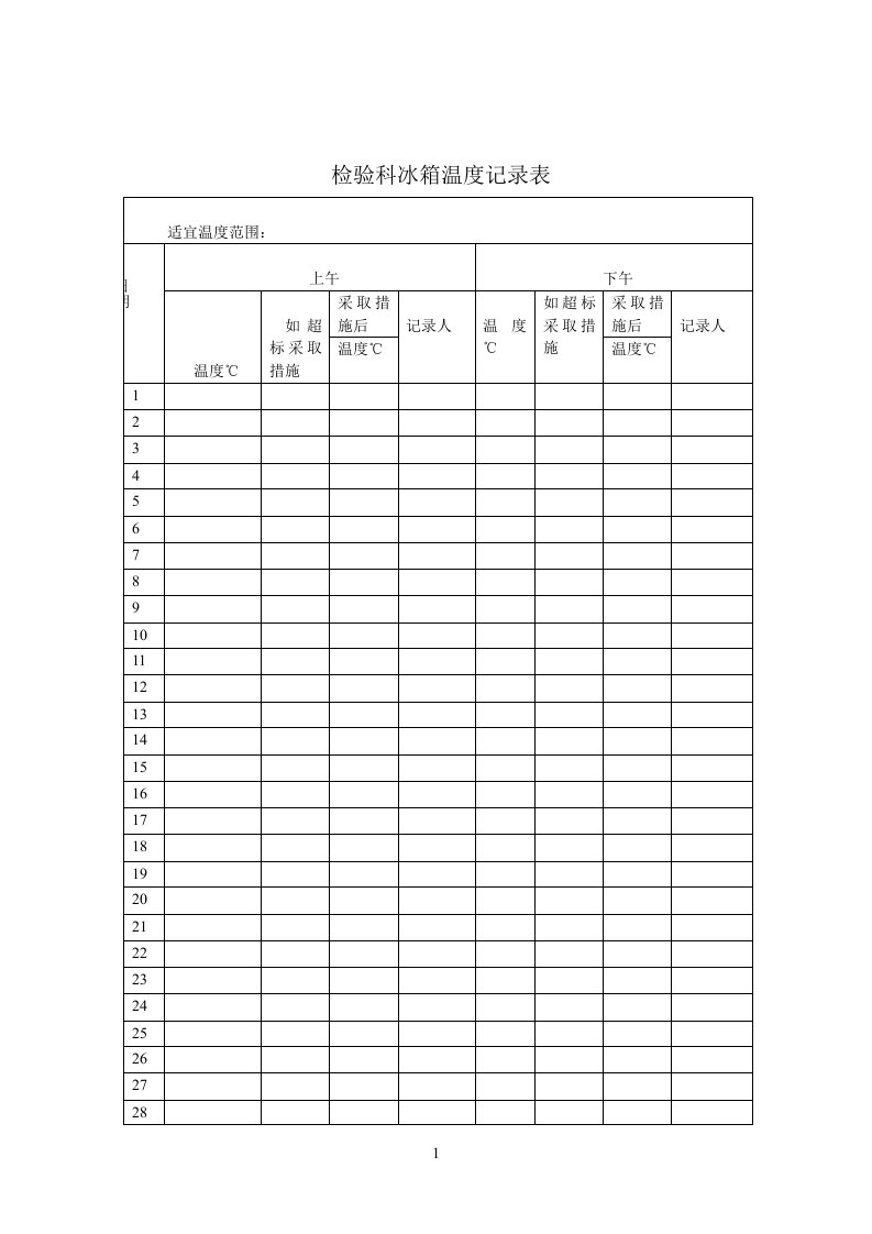 检验科冰箱温度记录表