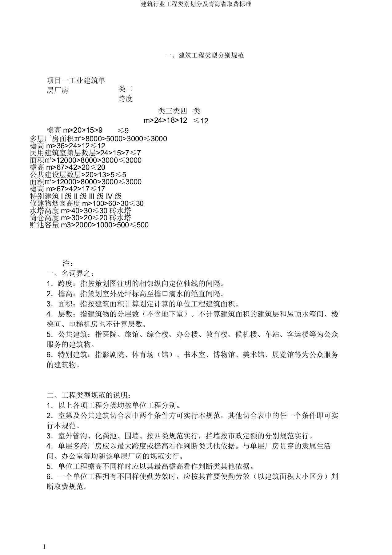 建筑行业工程类别划分及青海省取费标准