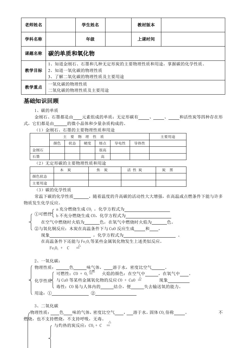 中考化学专题碳的单质和氧化物