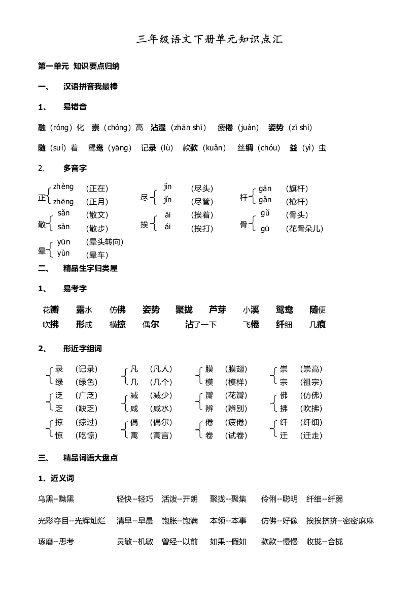 人教部编版三年级语文下册单元知识点汇编