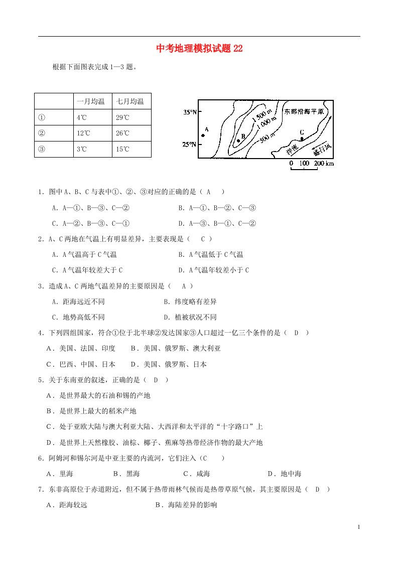 中考地理模拟试题（22）（无选择题答案）