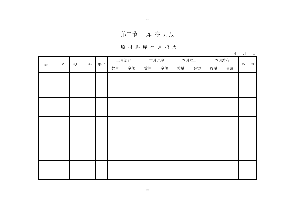 一、原材料库存月报表