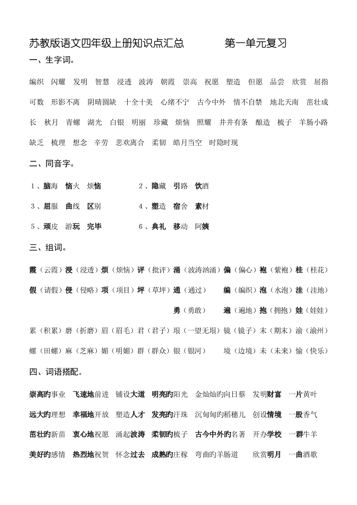 2023年苏教版语文四年级上册知识点汇总