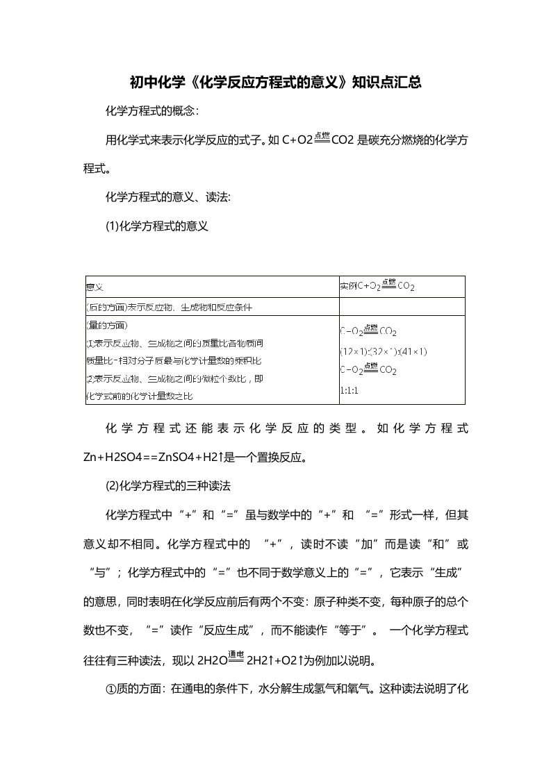 初中化学化学反应方程式的意义知识点汇总