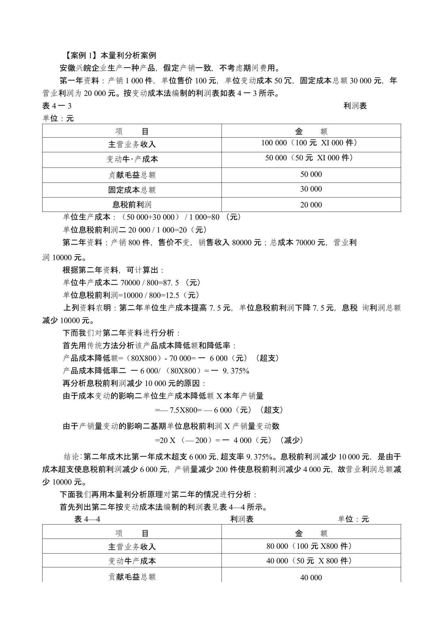 【案例1】本量利分析案例