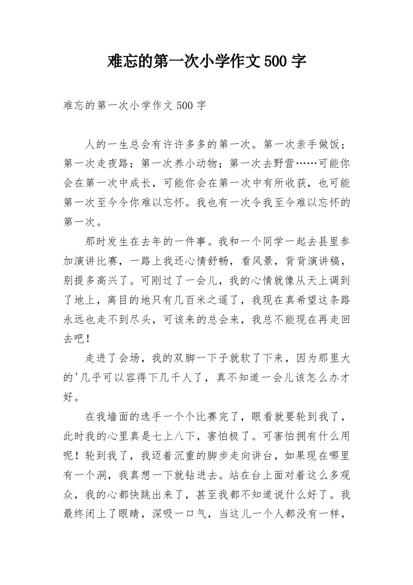 难忘的第一次小学作文500字