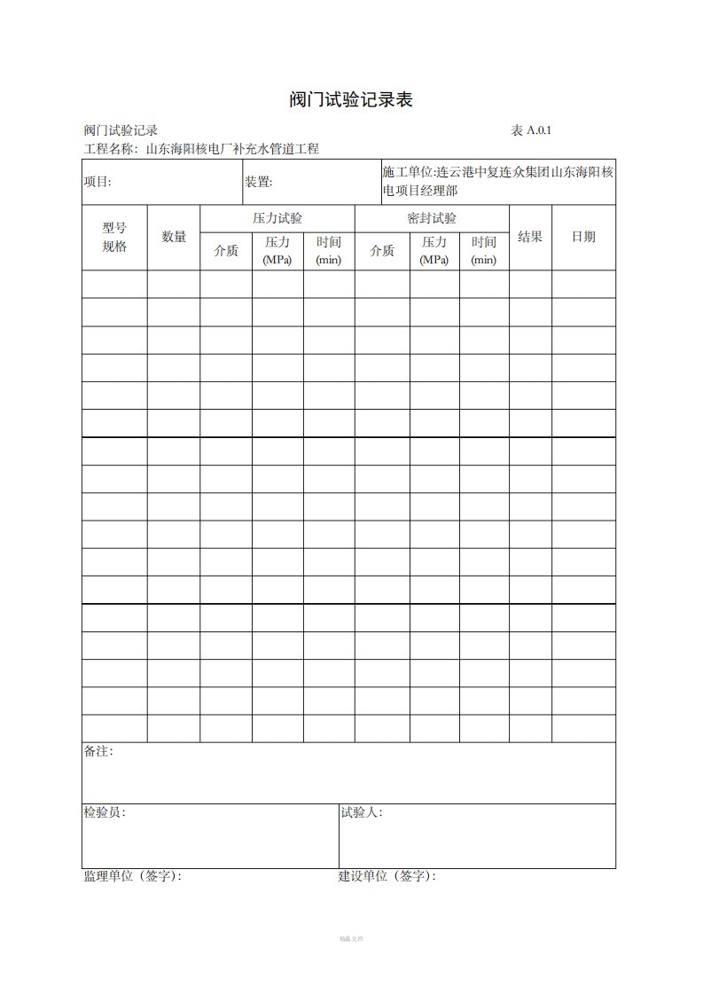 阀门试验记录表