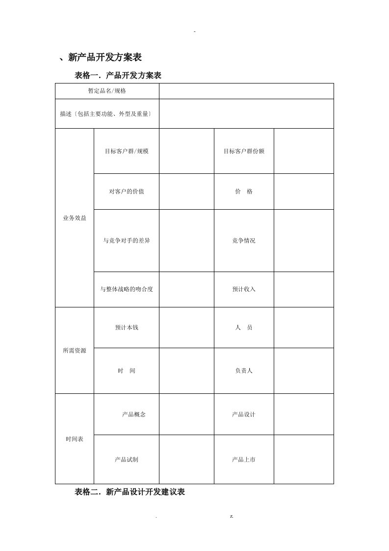 新产品开发计划表