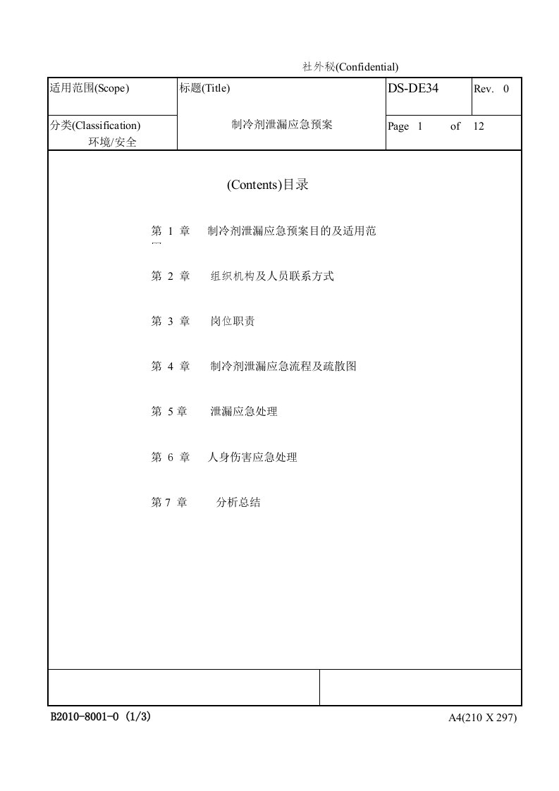 冷冻机制冷剂泄漏应急预案