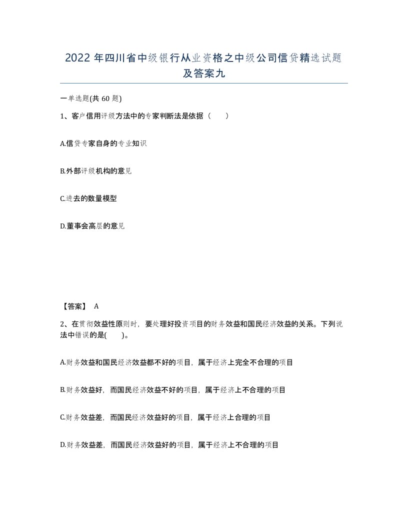 2022年四川省中级银行从业资格之中级公司信贷试题及答案九