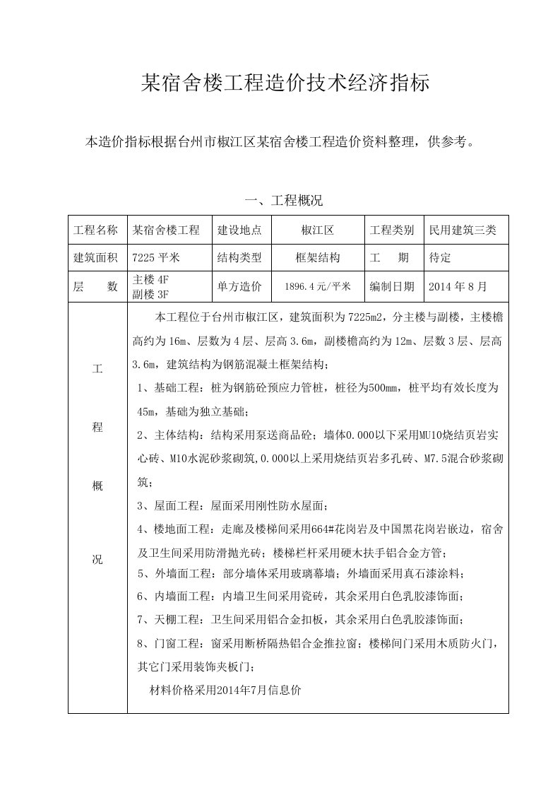 某宿舍楼工程造价技术经济指标