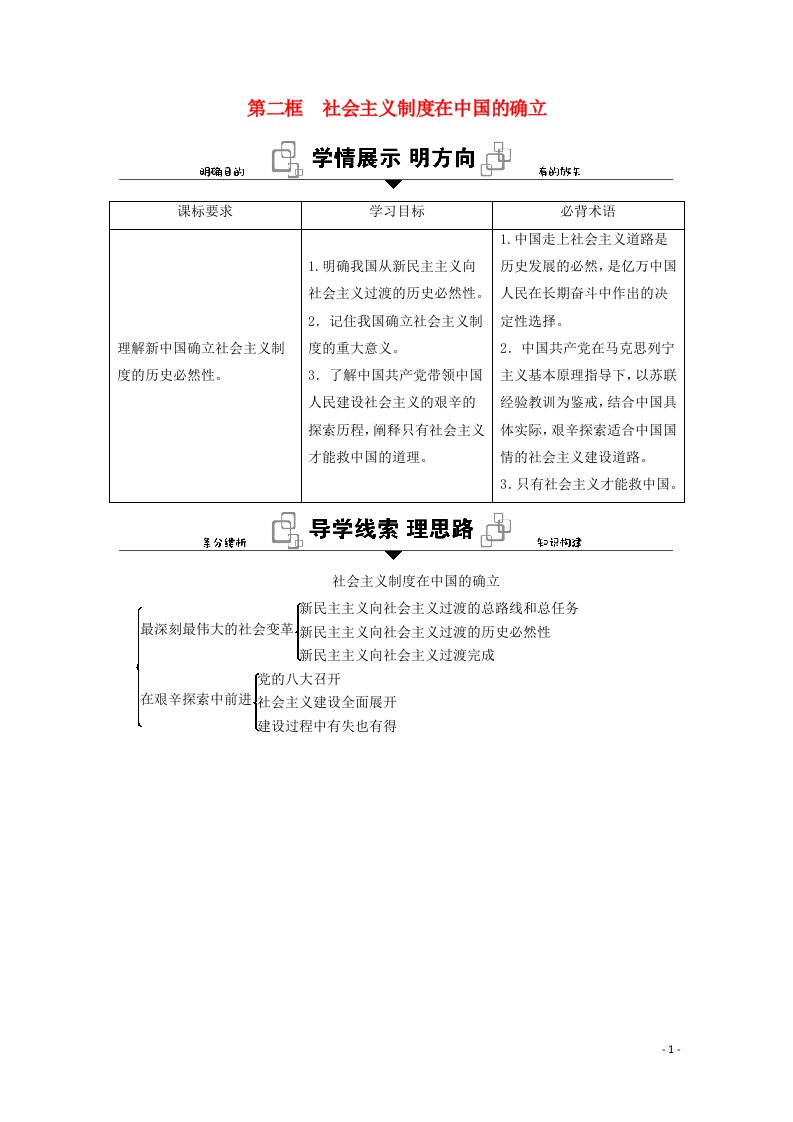 2020_2021学年新教材高中政治第二课只有社会主义才能救中国第二框社会主义制度在中国的确立学案新人教版必修1