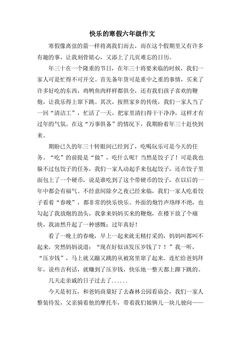 快乐的寒假六年级作文