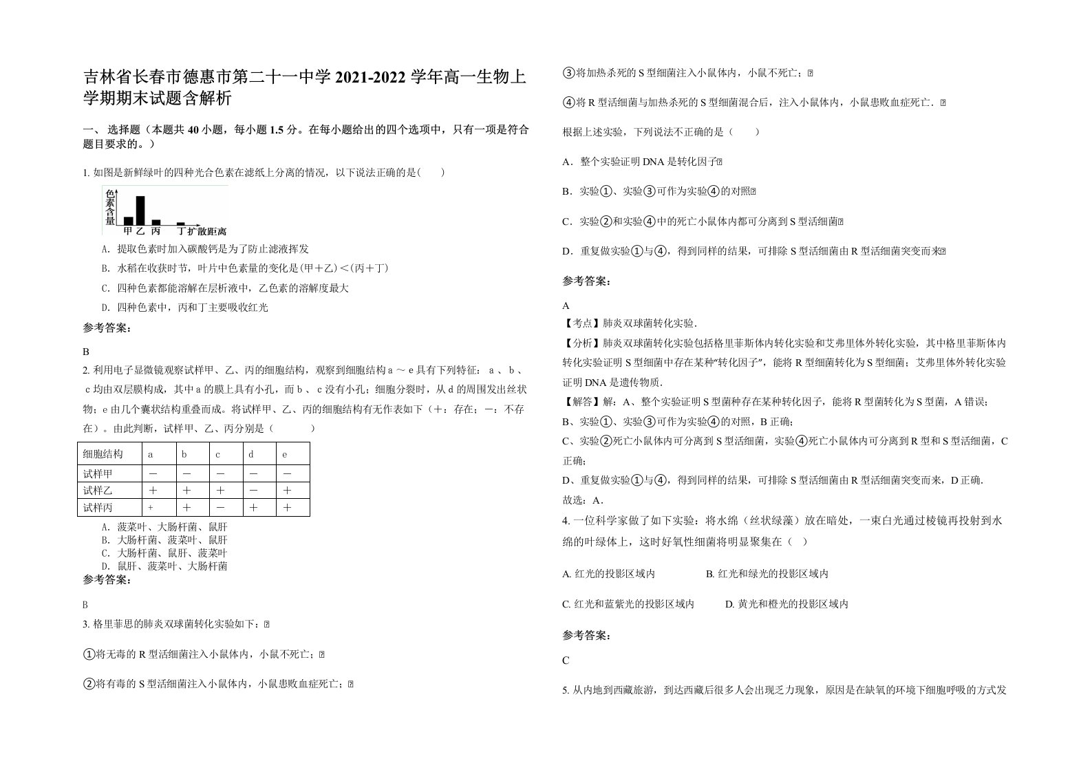 吉林省长春市德惠市第二十一中学2021-2022学年高一生物上学期期末试题含解析