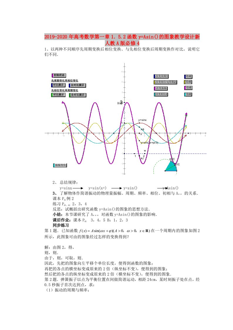 2019-2020年高考数学第一章1．5.2函数y=Asin()的图象教学设计新人教A版必修4