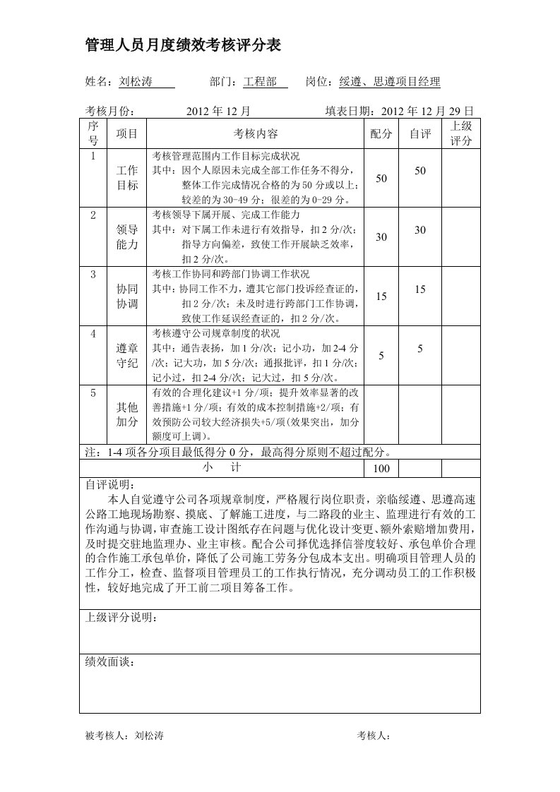 管理人员月度绩效考核评分表