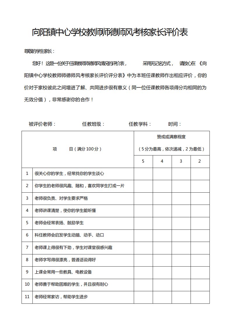 2.教师师德师风家长评价表