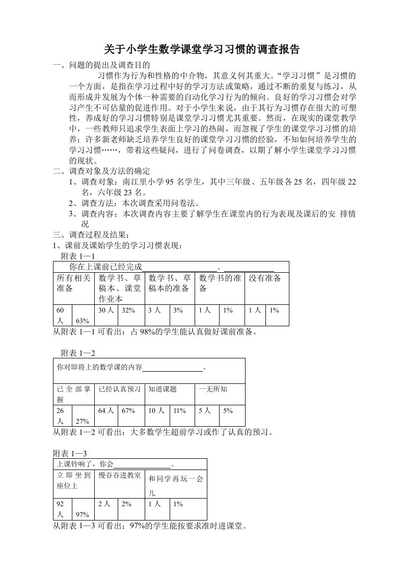 关于小学生数学课堂学习习惯的调查报告