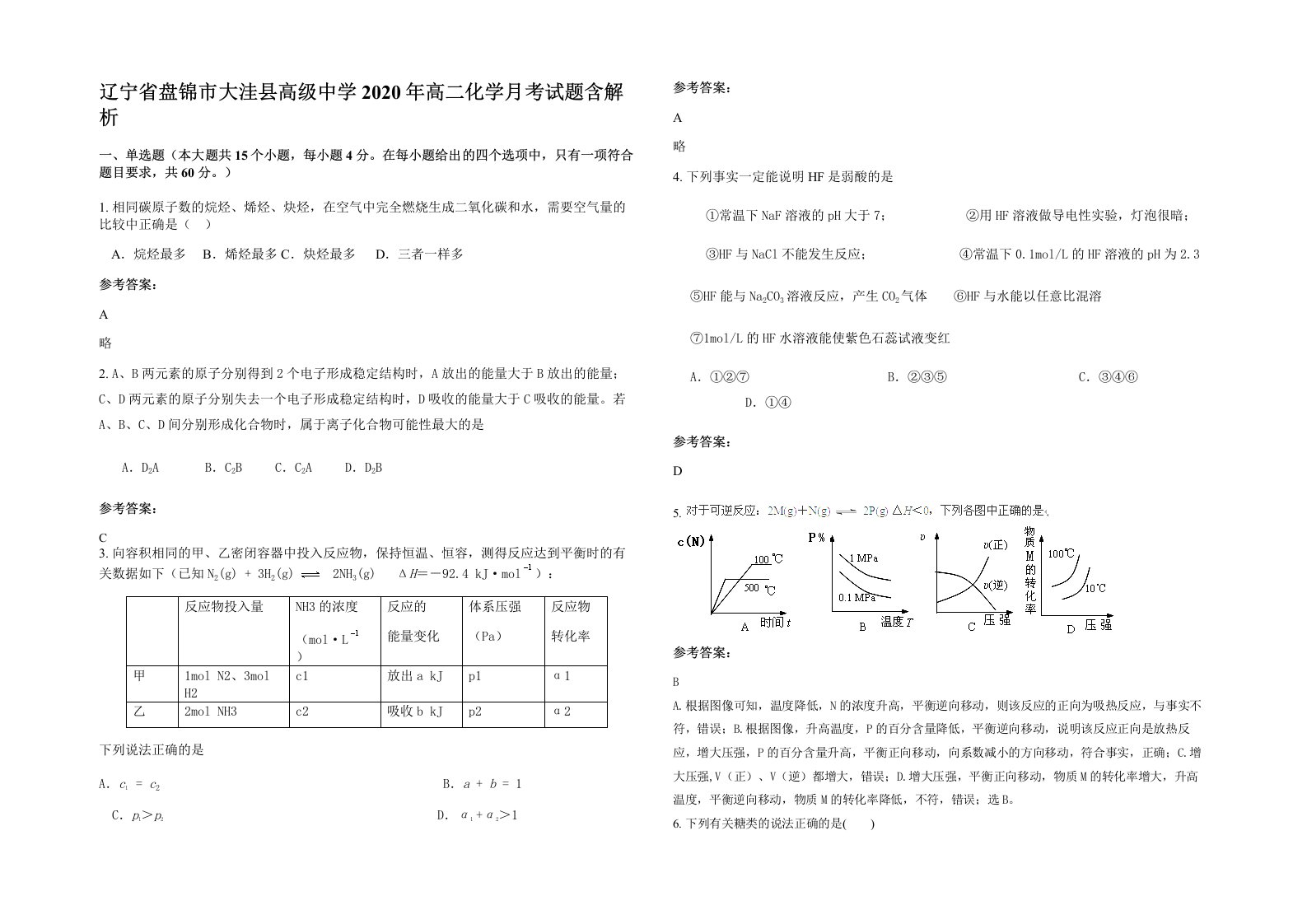 辽宁省盘锦市大洼县高级中学2020年高二化学月考试题含解析