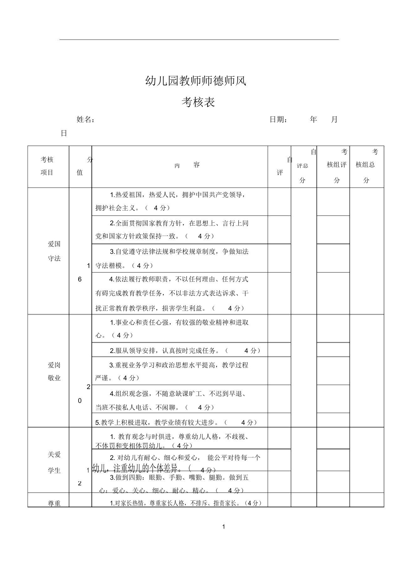 幼儿园教师师德师风考核表