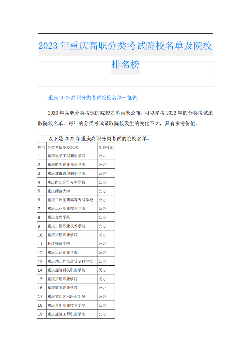 2023年重庆高职分类考试院校名单及院校排名榜