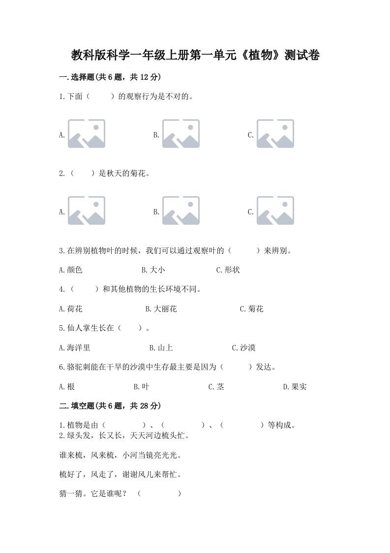 教科版科学一年级上册第一单元《植物》测试卷及答案【历年真题】