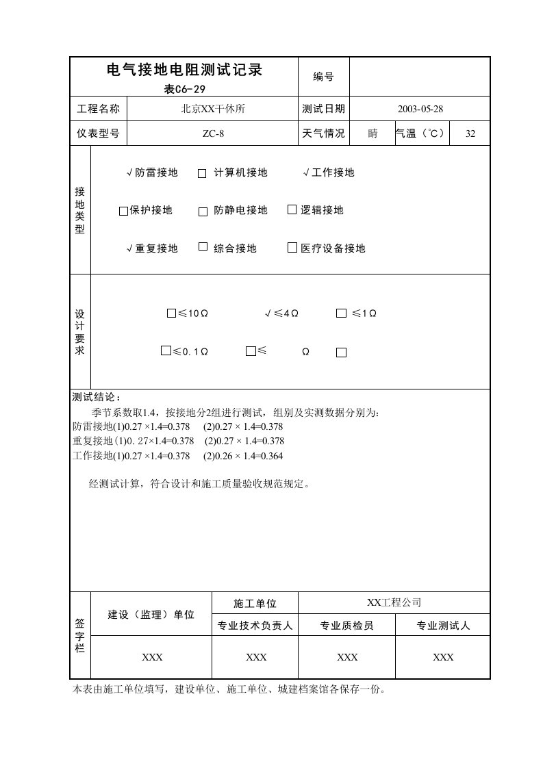 建筑工程-电气接地电阻测试记录