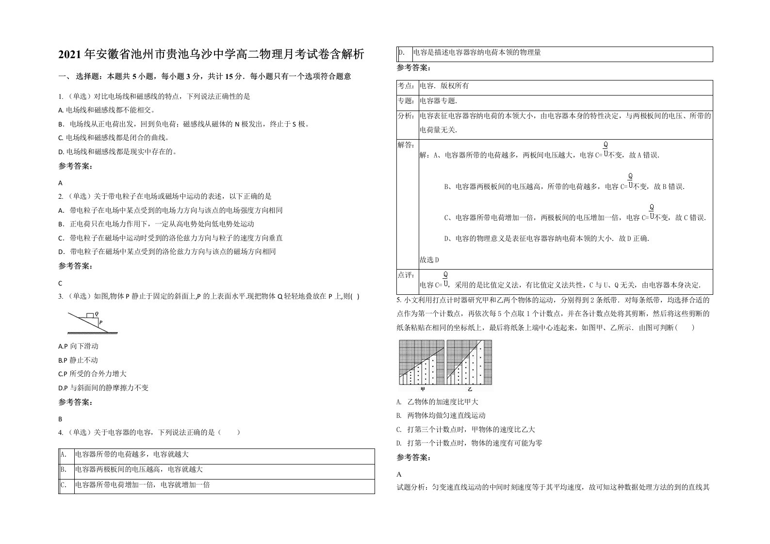 2021年安徽省池州市贵池乌沙中学高二物理月考试卷含解析