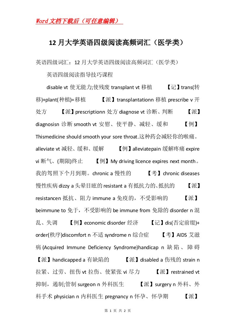 12月大学英语四级阅读高频词汇医学类