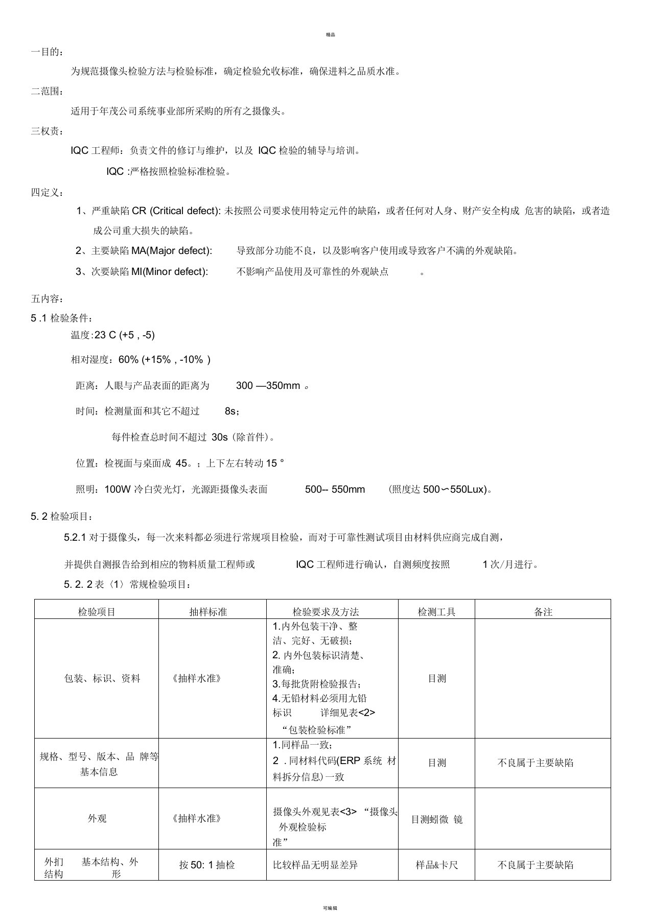 IQC摄像头检验规