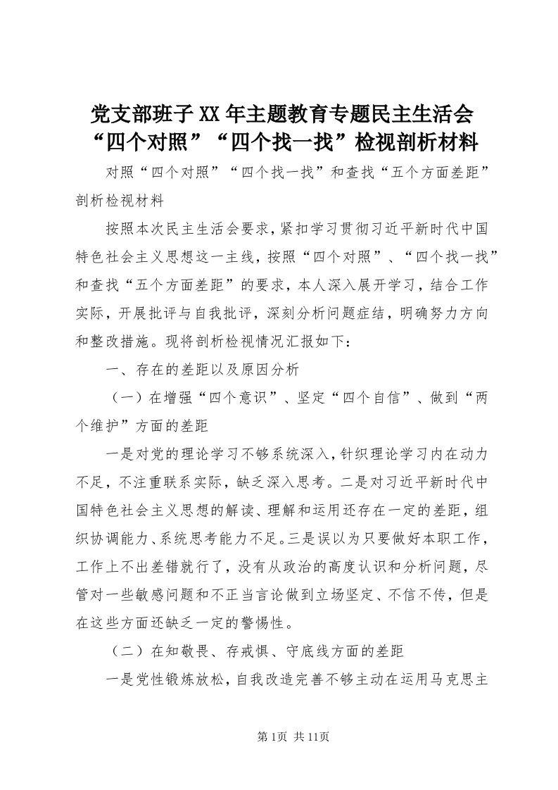 党支部班子某年主题教育专题民主生活会“四个对照”“四个找一找”检视剖析材料