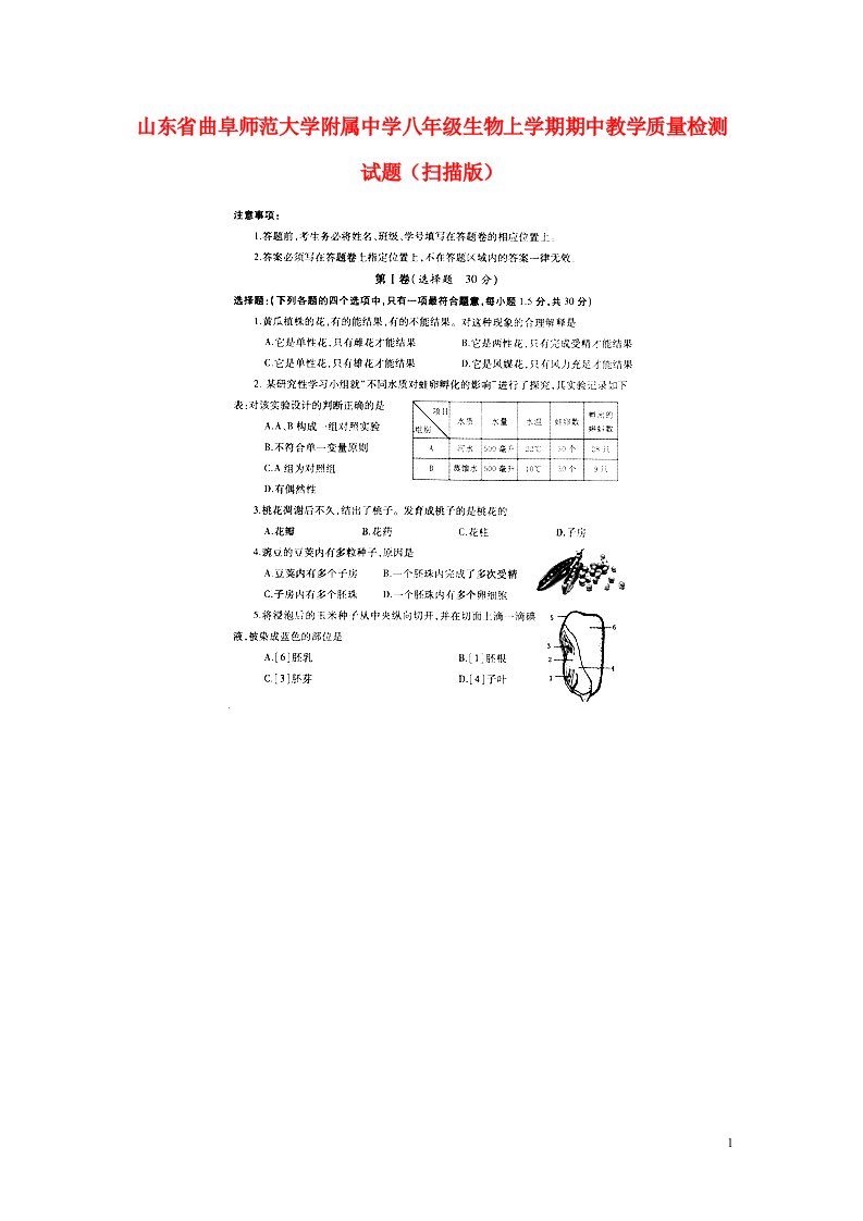 山东省曲阜师范大学附属中学八级生物上学期期中教学质量检测试题（扫描版）