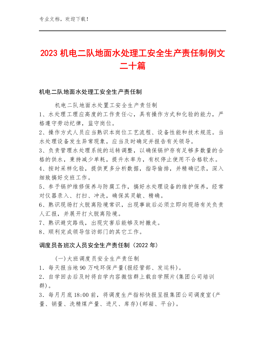 2023机电二队地面水处理工安全生产责任制例文二十篇