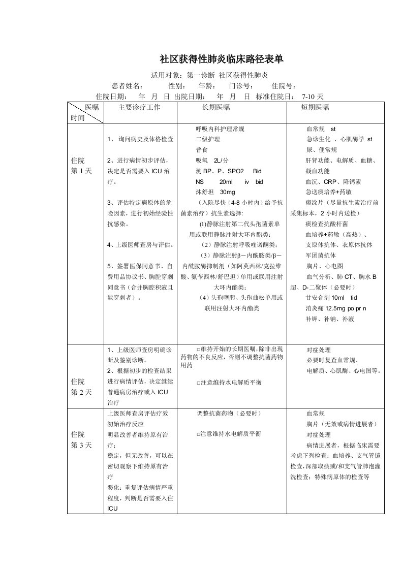 社区获得性肺炎临床路径表单完成