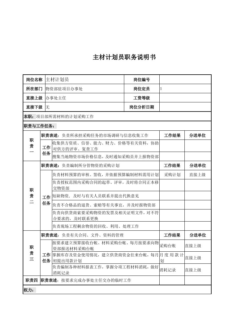 电力公司主材计划员岗位说明书