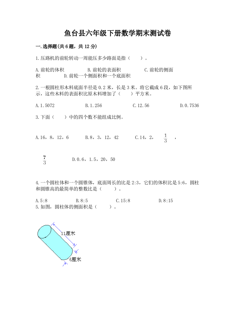 鱼台县六年级下册数学期末测试卷加精品答案