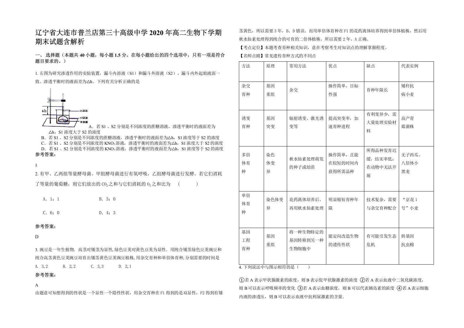 辽宁省大连市普兰店第三十高级中学2020年高二生物下学期期末试题含解析