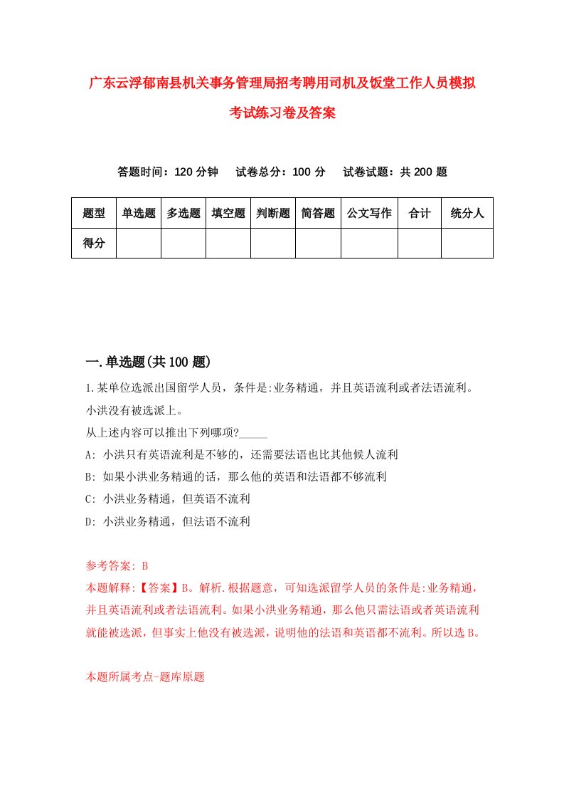 广东云浮郁南县机关事务管理局招考聘用司机及饭堂工作人员模拟考试练习卷及答案4