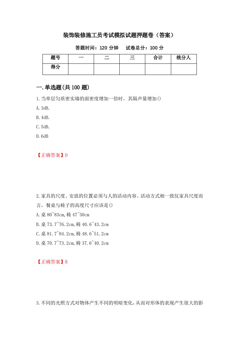 装饰装修施工员考试模拟试题押题卷答案第99版