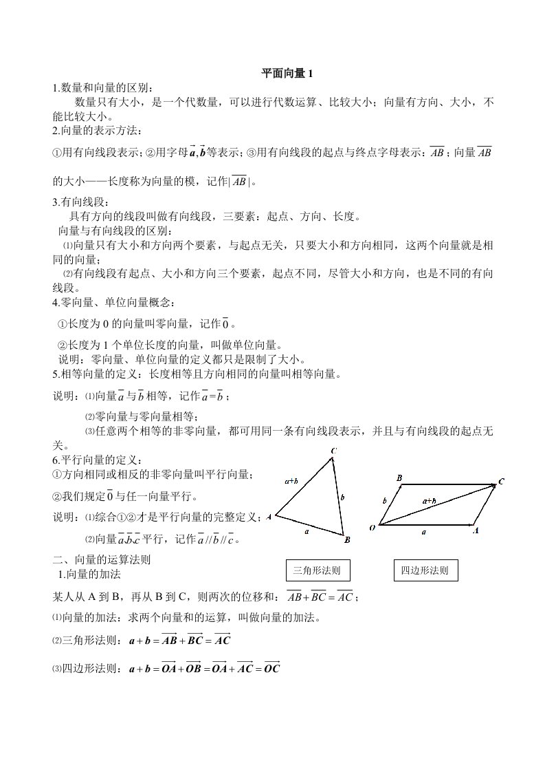 平面向量基本概念与运算法则(含基础练习题)